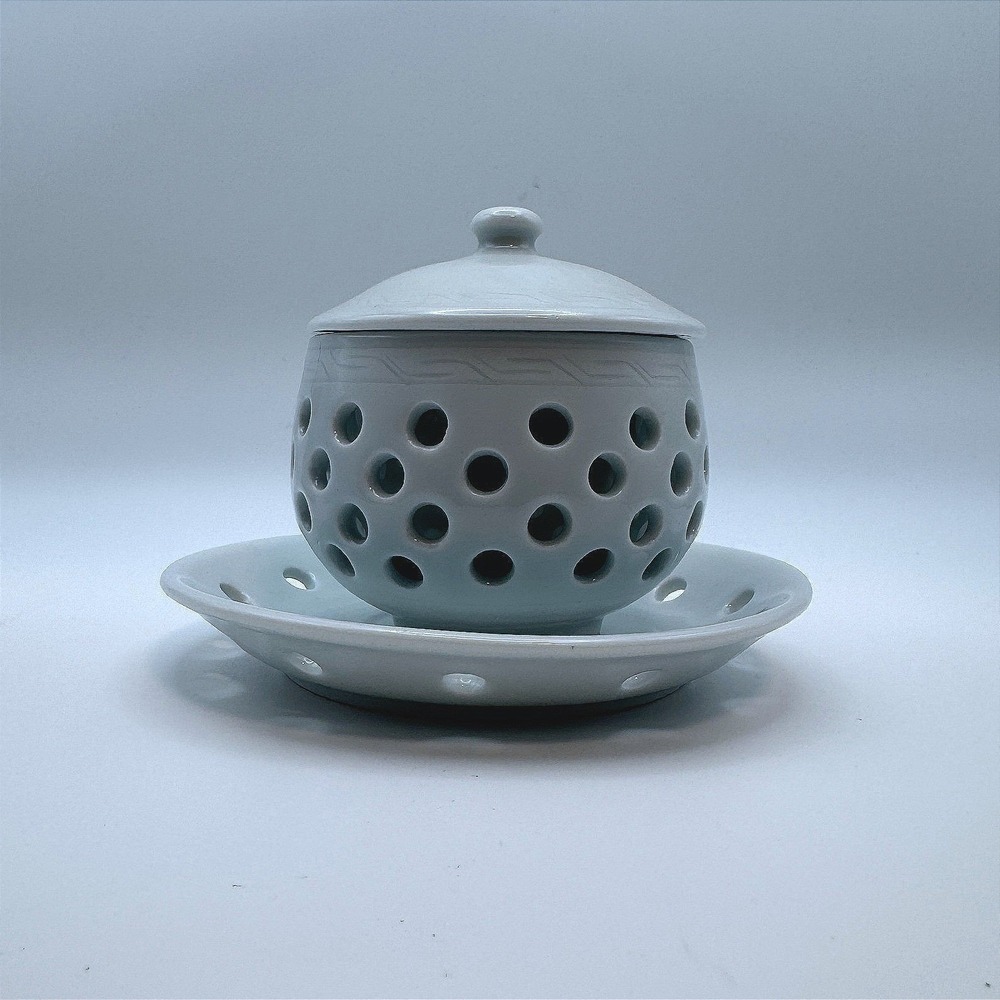 Vintage Jingdezhen Double walled Blue Celadon‎ Porcelain Lidded Bowl Saucer Set